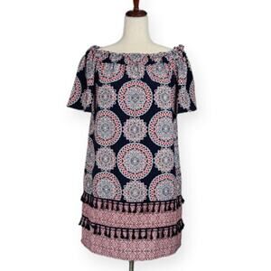 Maggy London Off-Shoulder Shift Dress Tassels Blue Printed Women's US Size 2
